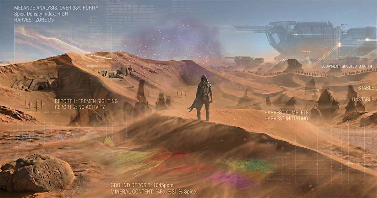 Desert scene on Arrakis with a figure and multiple overlay graphics showing conflicting data and interpretations about spice.