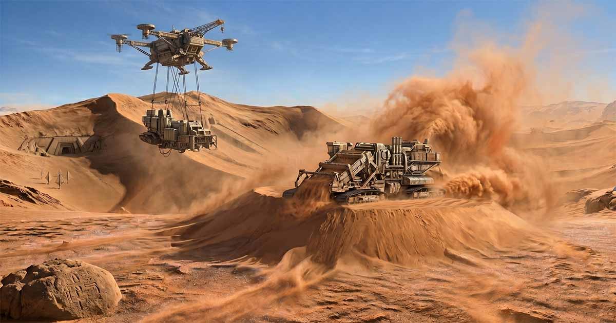 Spice harvester and flying carryall extracting material from a desert spice blow on Arrakis.