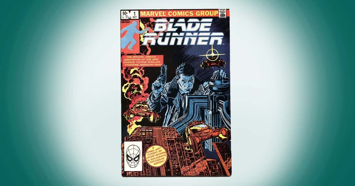 Blade Runner Marvel comic book first issue cover featuring illustrated cityscape futuristic vehicles and a central character holding a weapon.