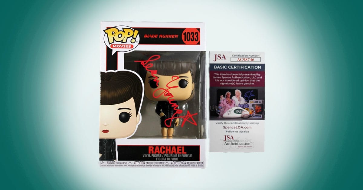Signed Blade Runner Rachael Funko Pop figure in box with autograph and JSA authentication card displayed beside it.