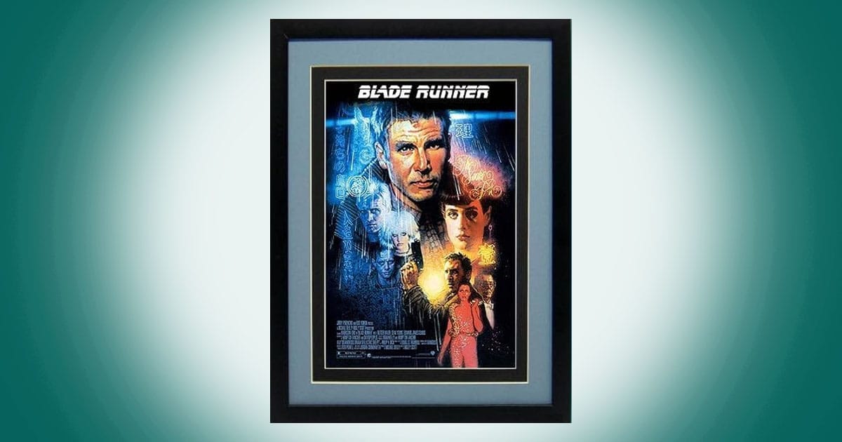 Framed Blade Runner movie poster featuring central character portrait surrounded by neon city imagery and supporting characters in a layered composition.