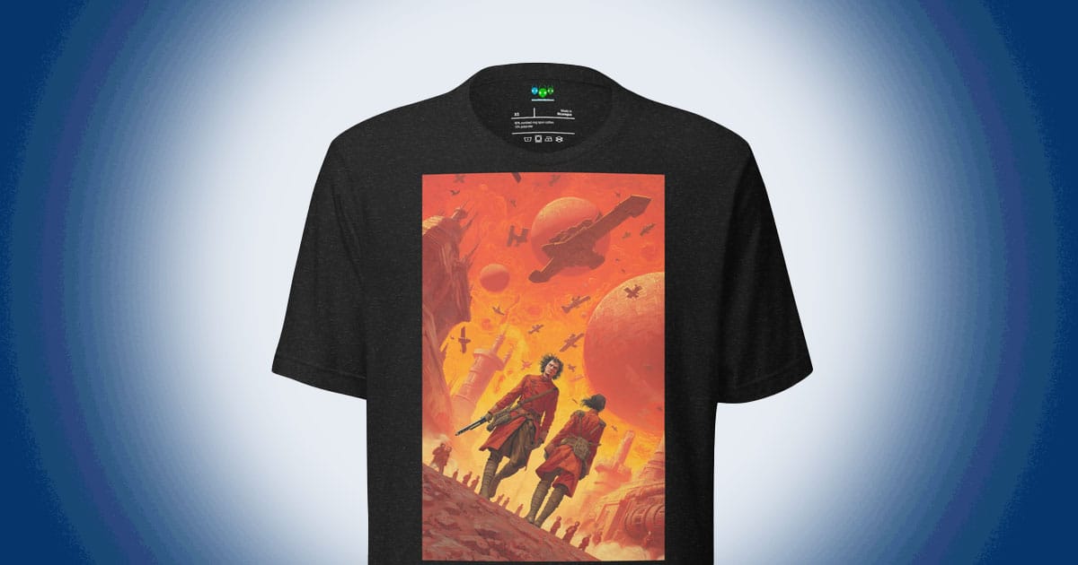 Black t-shirt featuring a science fiction scene with two figures under red skies, planets overhead, and spacecraft above a futuristic city.