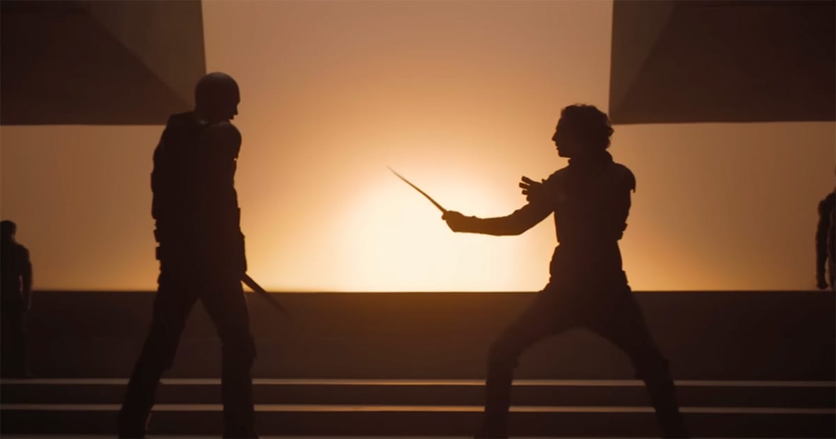 Silhouetted duel between Paul Atreides and an opponent against a bright backdrop, reflecting how film adaptations present the Kwisatz Haderach through dramatic visual storytelling.