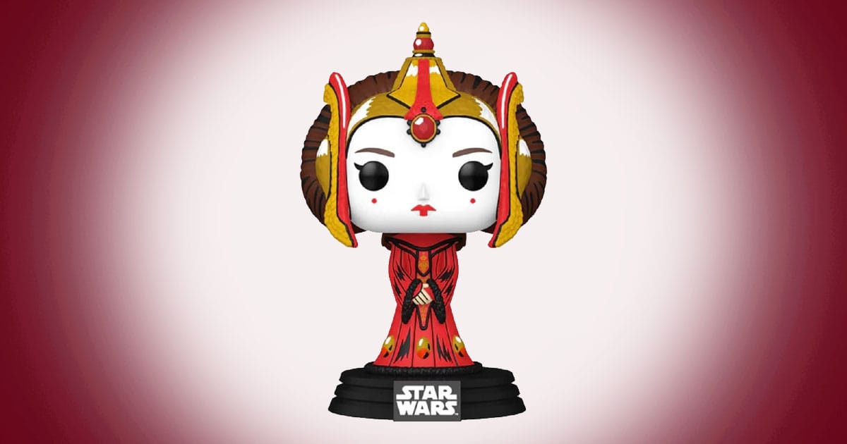 Queen Amidala Funko Pop figure in red ceremonial gown on Star Wars display base.
