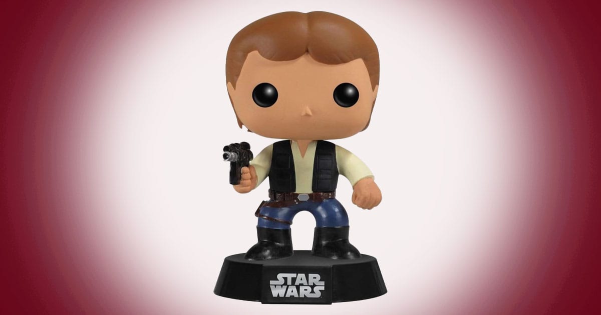 Han Solo Funko Pop figure holding blaster standing on Star Wars display base.