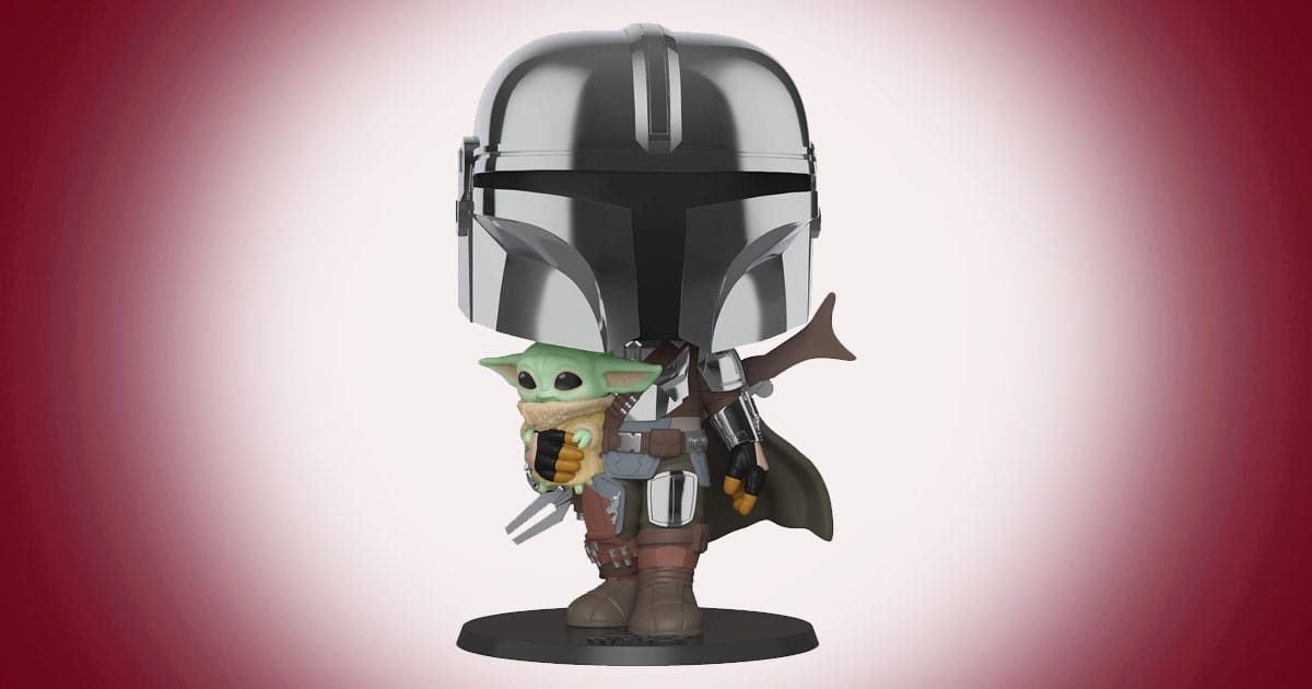 Chrome Mandalorian Funko Pop holding Grogu figure on display base.