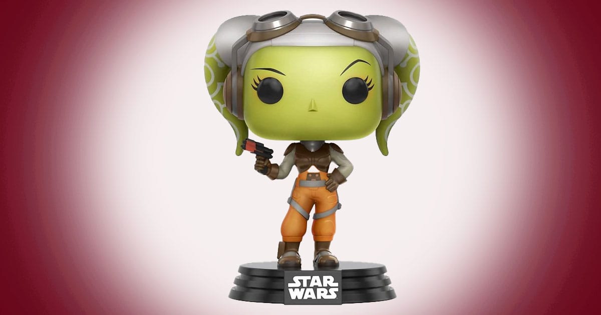 Hera Syndulla Funko Pop figure holding blaster with pilot goggles on Star Wars base.