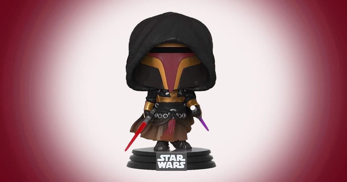 Darth Revan Funko Pop figure holding red and purple lightsabers on Star Wars base.