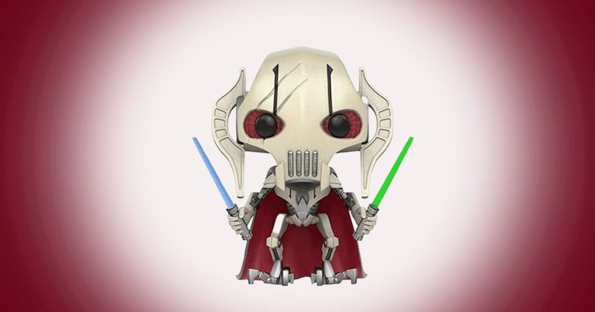 General Grievous Funko Pop figure holding blue and green lightsabers with mechanical body on Star Wars base.