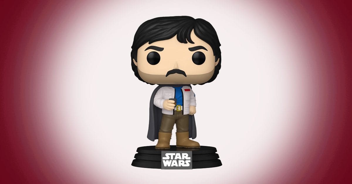Lando Calrissian Funko Pop figure in cape standing on Star Wars display base.