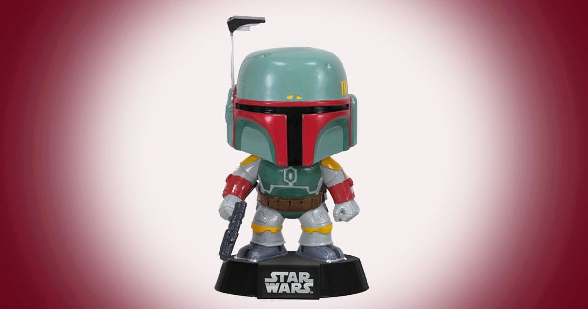 Boba Fett Funko Pop figure with blaster standing on Star Wars display base.
