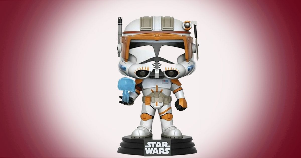 Commander Cody Funko Pop figure holding hologram in clone trooper armor on Star Wars base.