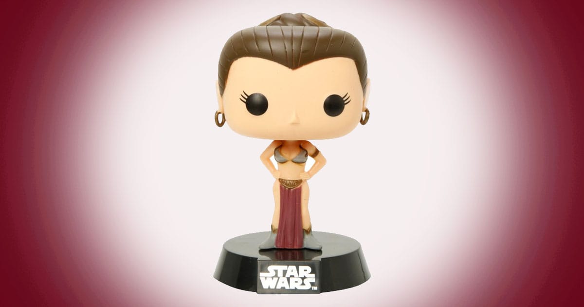 Princess Leia Funko Pop figure in Jabba palace outfit standing on Star Wars base.
