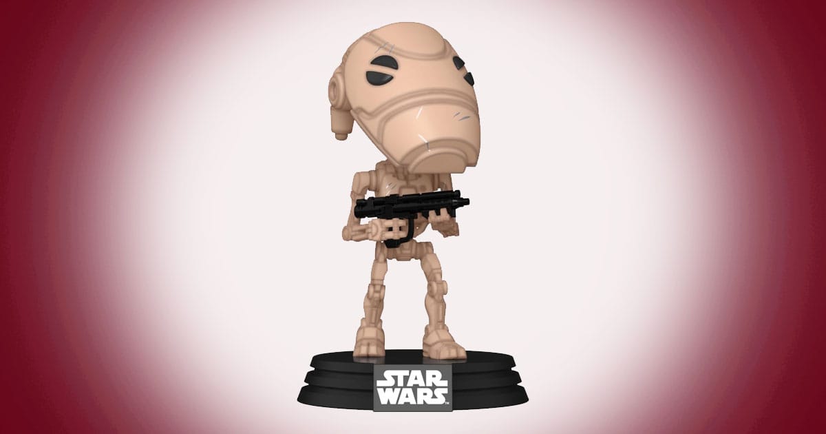 Battle Droid Funko Pop figure holding blaster standing on Star Wars display base.