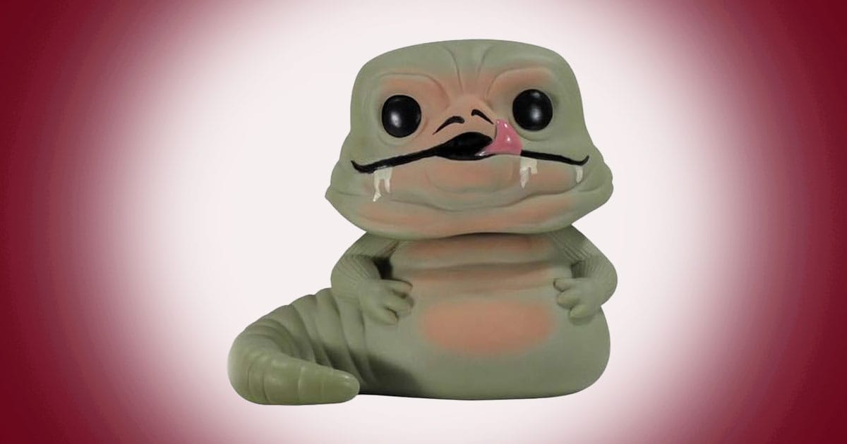 Jabba the Hutt Funko Pop figure reclining with tongue out on Star Wars display base.