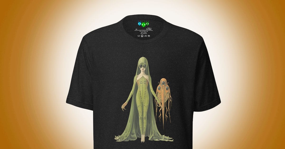 Green alien woman in elegant gown with floating creature companion on black science fiction themed t-shirt.