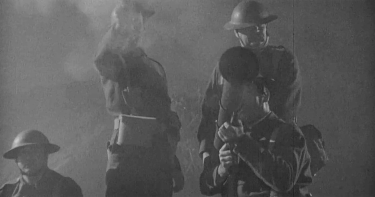 Soldiers in fog preparing response in "The Man from Planet X" 1951.