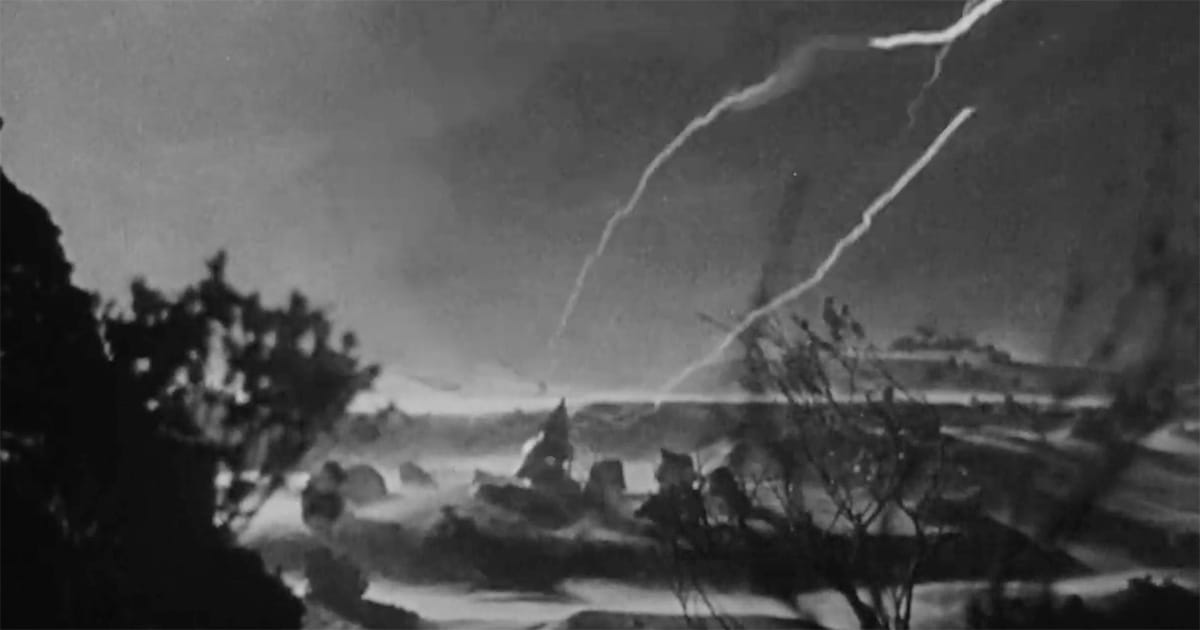  Storm and lightning over foggy landscape in "The Man from Planet X" 1951.