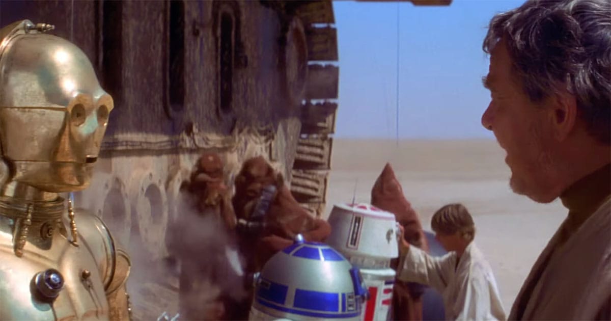 C-3PO and R2-D2 with Luke Skywalker and Jawas outside sandcrawler showing droid trade and repair economy on Tatooine in Star Wars.