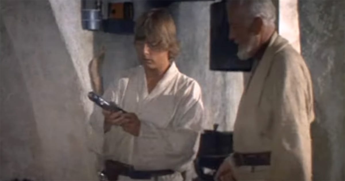 Luke Skywalker holding lightsaber with Obi Wan Kenobi in Tatooine interior suggesting legacy and unspoken history in Star Wars.