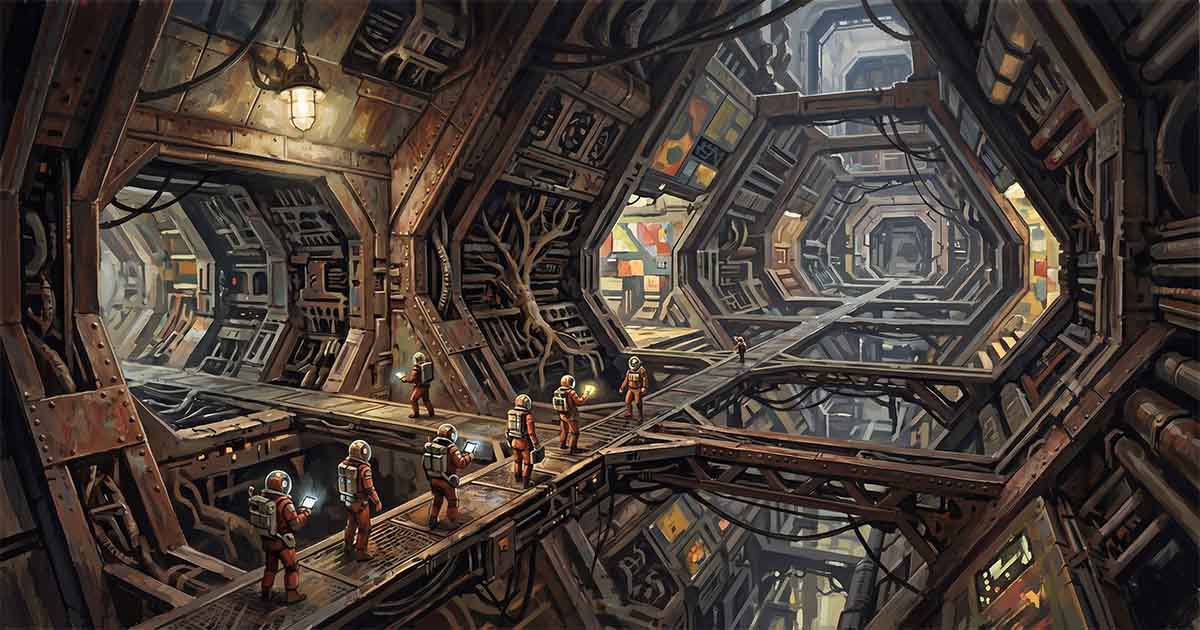 Exploration team moving through complex artificial asteroid interior with branching walkways and machinery, showing growing complexity and scale in "Eon"