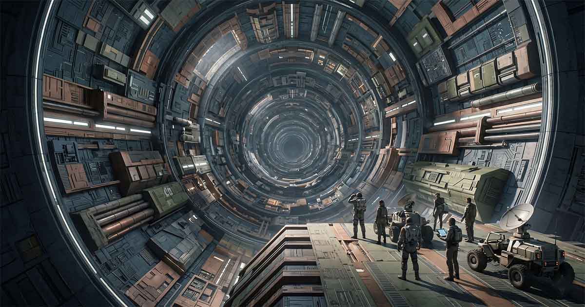 Interior of massive artificial asteroid showing vast corridor with human explorers and vehicles, illustrating the immense scale of the Stone in "Eon".
