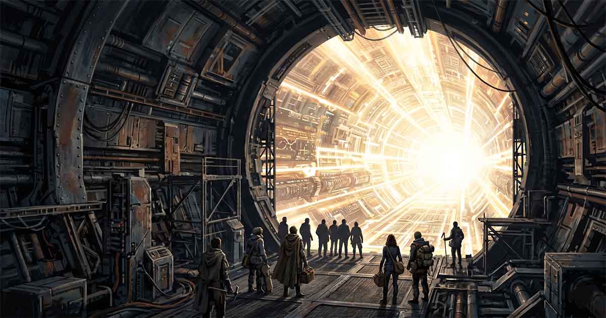 Human explorers standing before glowing infinite corridor inside artificial asteroid, representing transition into unknown space in "Eon".