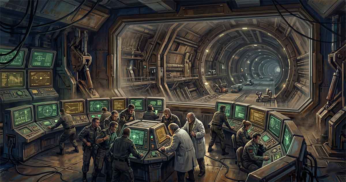 Military and scientific team inside artificial asteroid control room, focused on monitors while vast corridor extends into distance, showing human limits in "Eon"