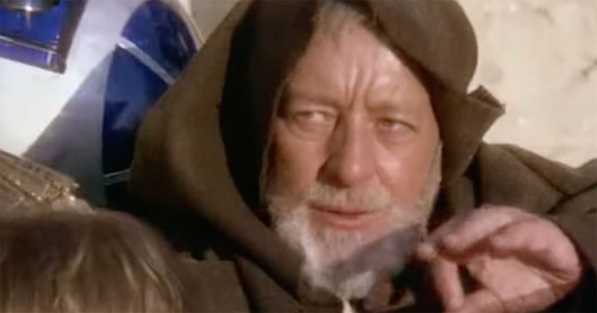 Obi-Wan Kenobi performing Jedi mind trick hand gesture in Star Wars Episode IV A New Hope.