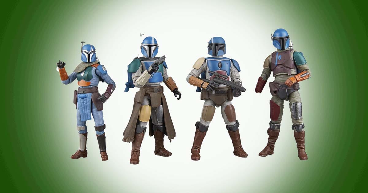 Star Wars Mandalorian Shriek-Hawk action figures in armor holding weapons displayed in a row.