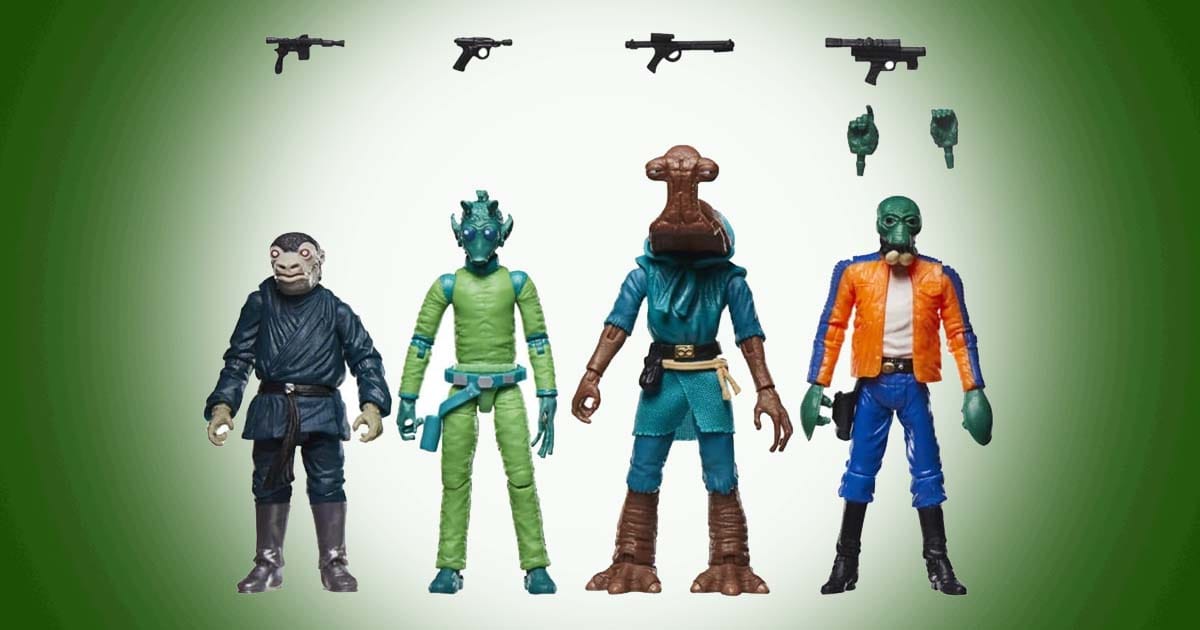 Star Wars cantina alien action figures with blasters and interchangeable accessories displayed in a row.