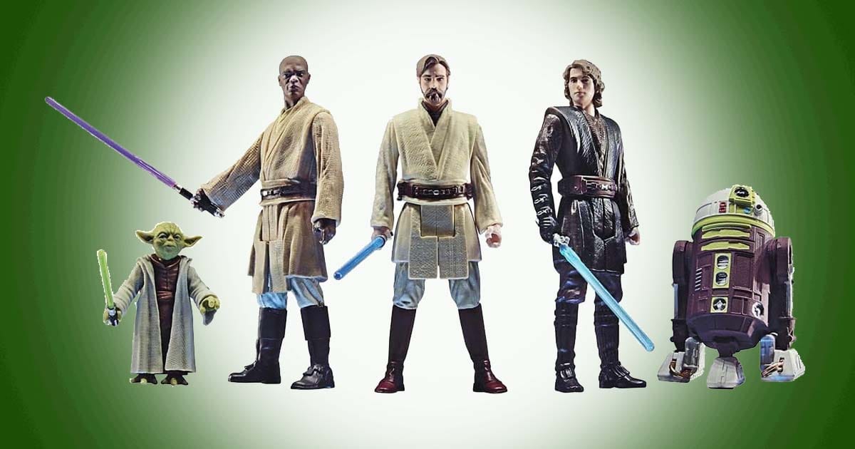 Star Wars Jedi action figures featuring Yoda, Mace Windu, Obi-Wan Kenobi, Anakin Skywalker, and a droid displayed together.