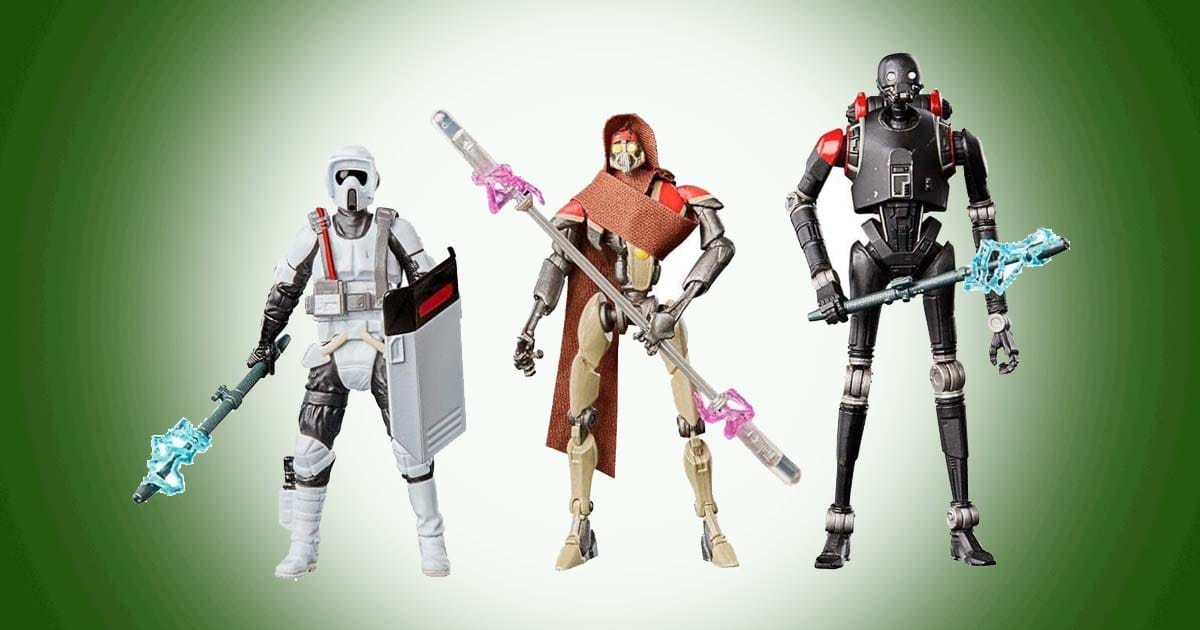 Star Wars action figures featuring a riot scout trooper, MagnaGuard, and KX security droid with weapons and accessories.