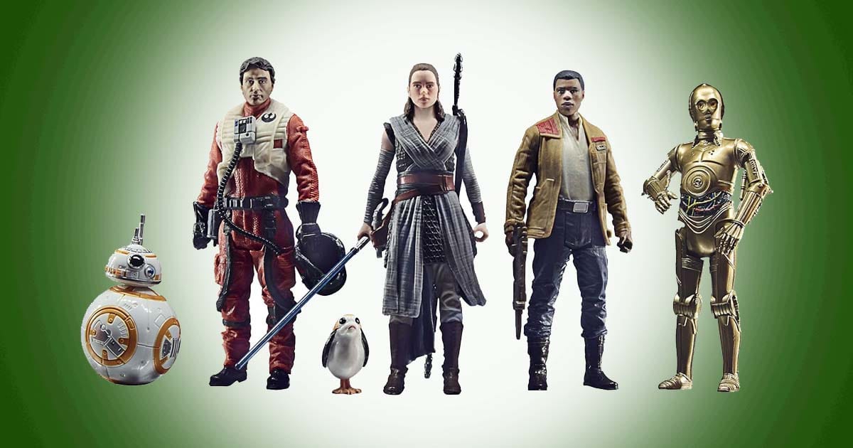 Star Wars Resistance action figures featuring Rey, Finn, Poe Dameron, BB-8, Porg, and C-3PO lined up together.