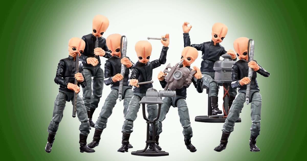 Star Wars Modal Nodes cantina band action figures with instruments posed together in performance.