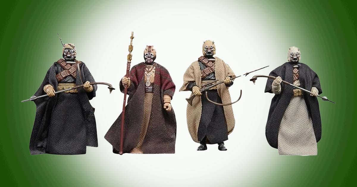 Star Wars Tusken Raider action figures with robes and traditional weapons displayed in a row.