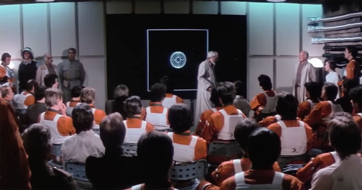 Rebel pilots briefing on Death Star attack plan in "Star Wars Episode IV A New Hope"