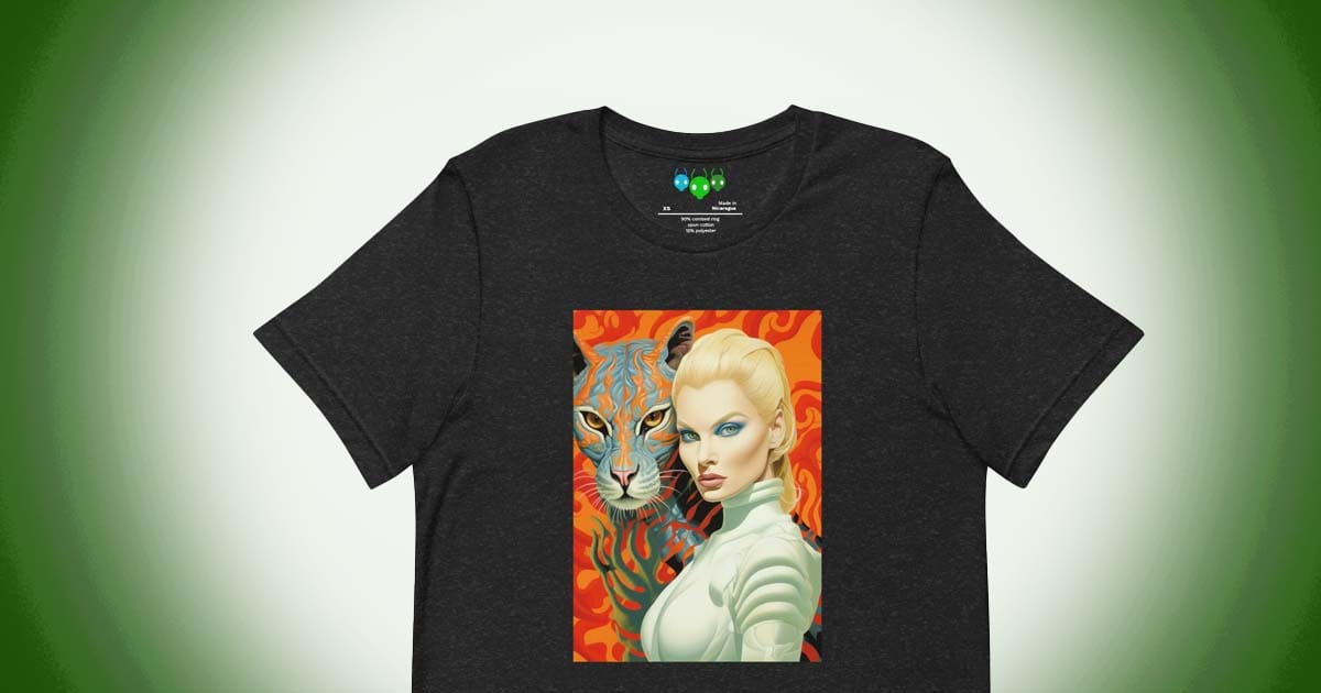Black t-shirt featuring a blonde woman in a futuristic outfit beside a stylized alien cat with bright colors and science fiction design