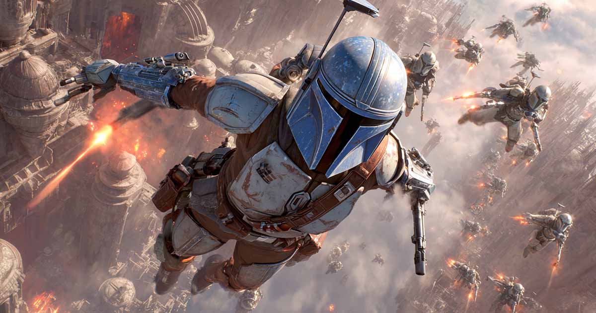 Mandalorian warriors flying with jetpacks in coordinated battle over a city, representing warfare as cultural expression in the Mandalorian Creed Star Wars.