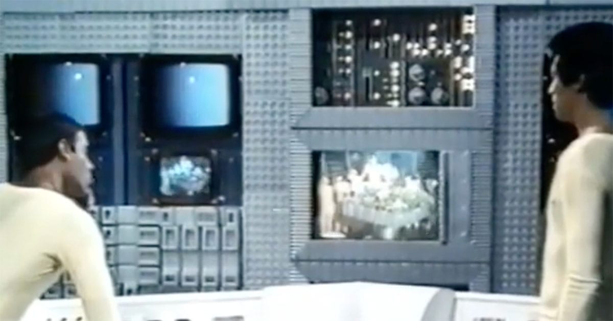 Characters watching screens in "Brave New World" (1980) representing the film’s analytical and reflective viewing experience.
