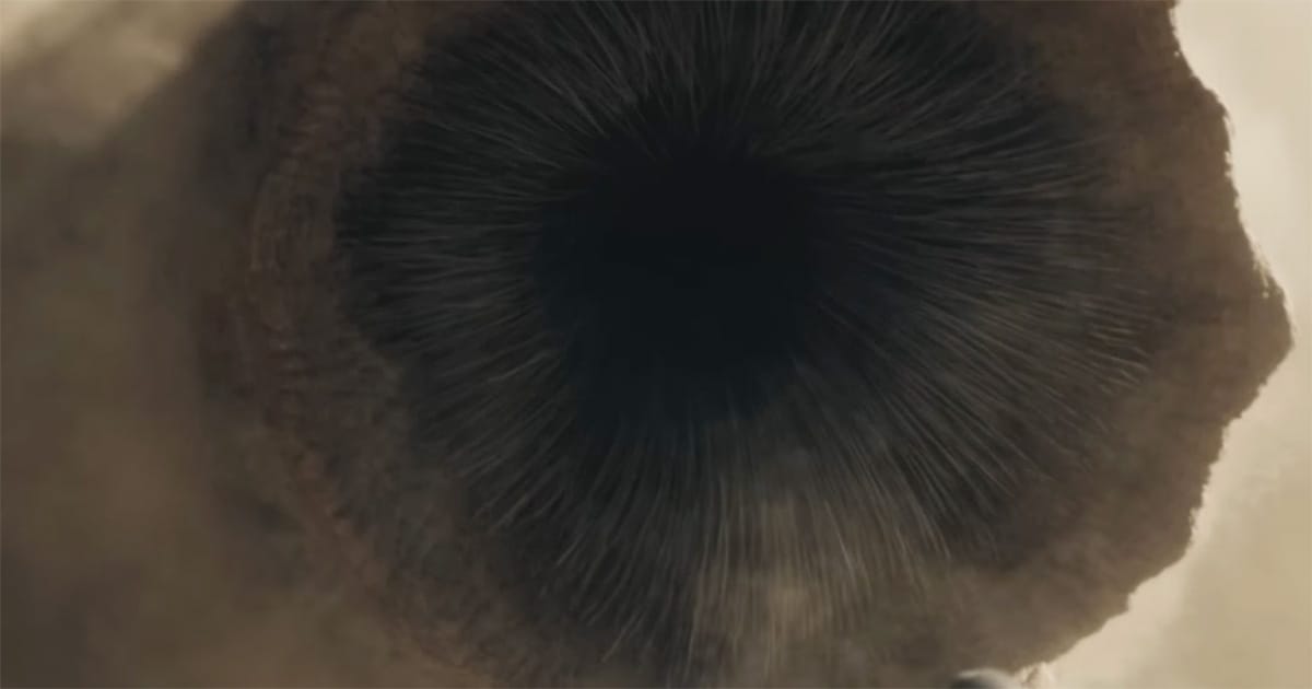 Close-up of a sandworm mouth in Dune, showing the ringed teeth of Shai-Hulud on Arrakis.