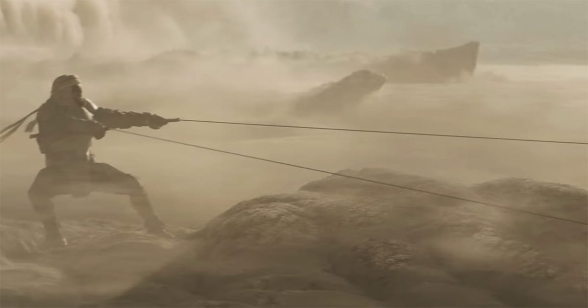 Fremen riding a sandworm on Arrakis, showing their connection to Shai-Hulud in Dune.