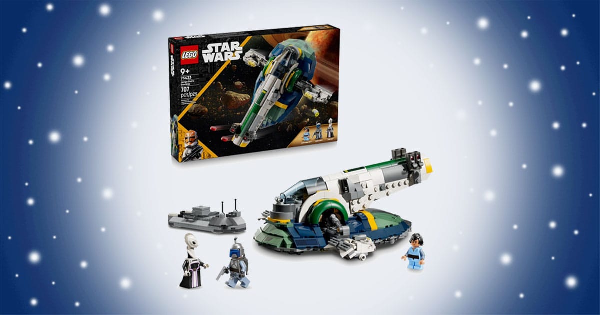 LEGO Star Wars Jango Fett’s starship set with rotating wings, cockpit, minifigures, and display accessories shown in detailed spacecraft build.