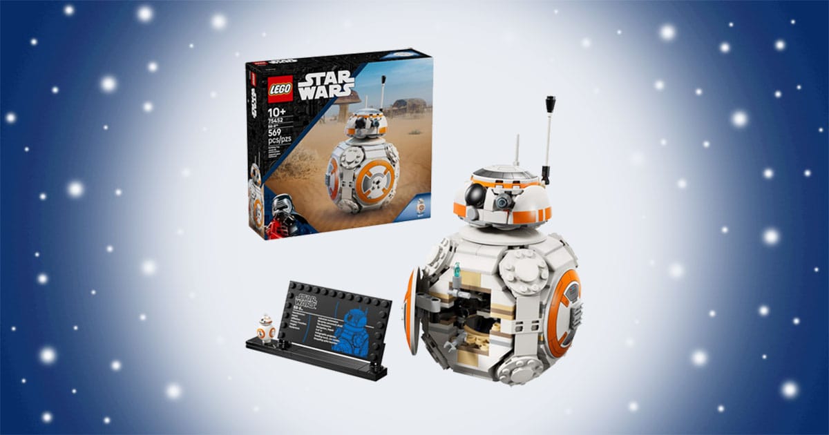 LEGO Star Wars BB-8 astromech droid set with spinning head, detailed spherical body, display plaque, and small companion figure.