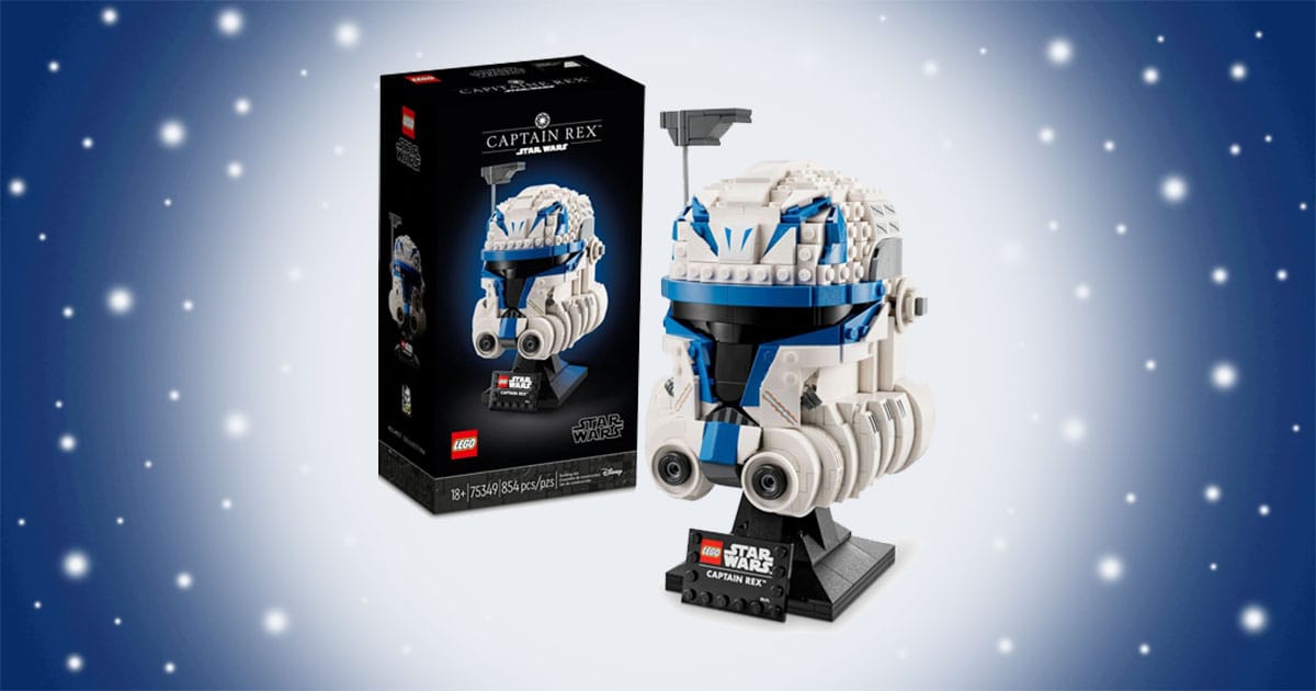 LEGO Star Wars Captain Rex helmet set on display stand with blue markings, detailed brick design, and nameplate for collectible presentation.