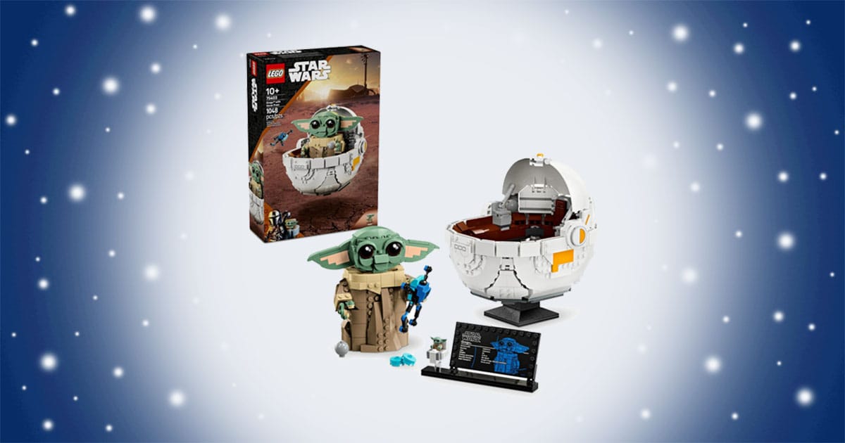 LEGO Star Wars Grogu with hover pram set featuring buildable Grogu figure, floating pram, accessories, and display plaque.
