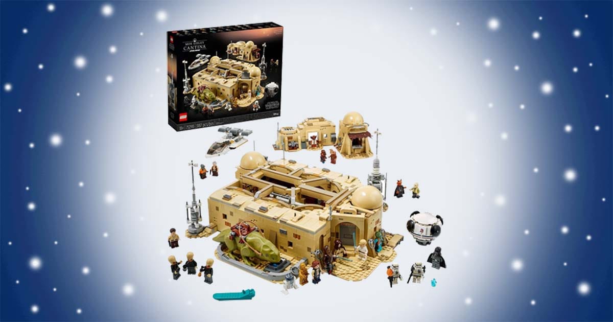 LEGO Star Wars Mos Eisley Cantina set with open layout, minifigures, landspeeders, and Dewback figure displayed in detailed desert scene.