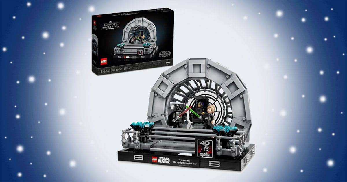 LEGO Star Wars Emperor’s Throne Room Diorama set with Darth Vader, Luke Skywalker, and Emperor Palpatine in detailed Death Star scene.