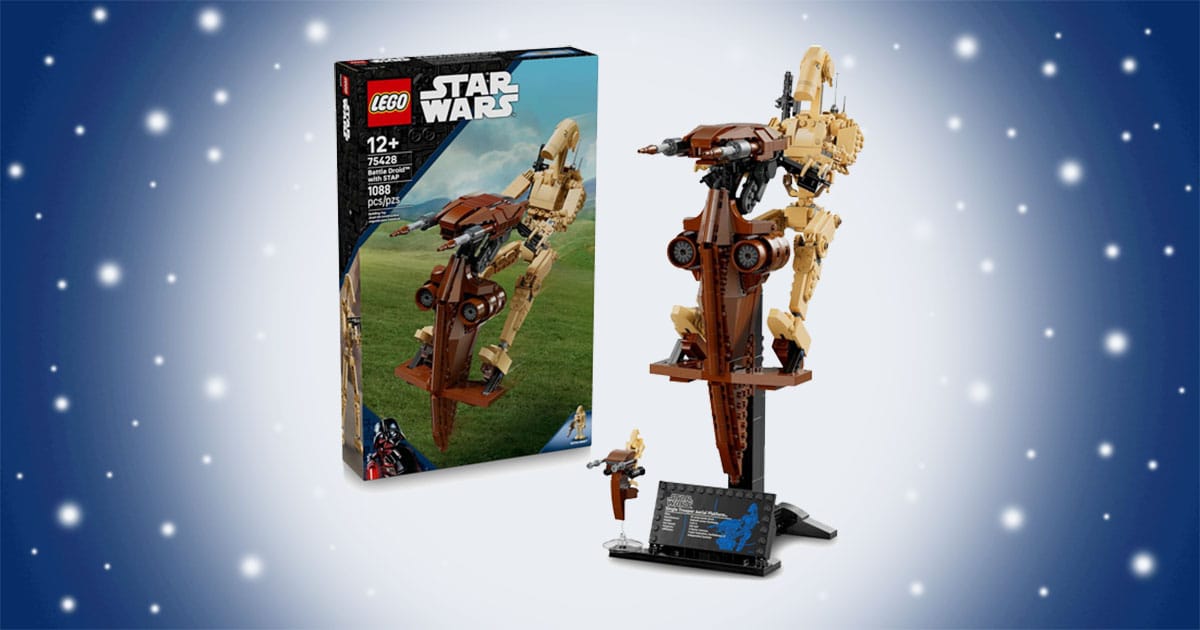 LEGO Star Wars Battle Droid with STAP set displayed on stand with articulated droid figure, speeder bike, and informational plaque.