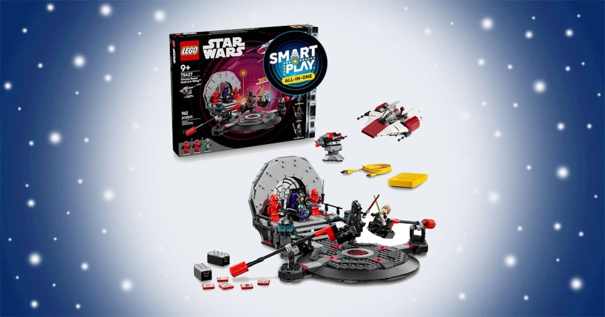 LEGO Star Wars Throne Room Duel and A-wing SMART Play set with interactive features, minifigures, and starfighter displayed in dynamic scene.